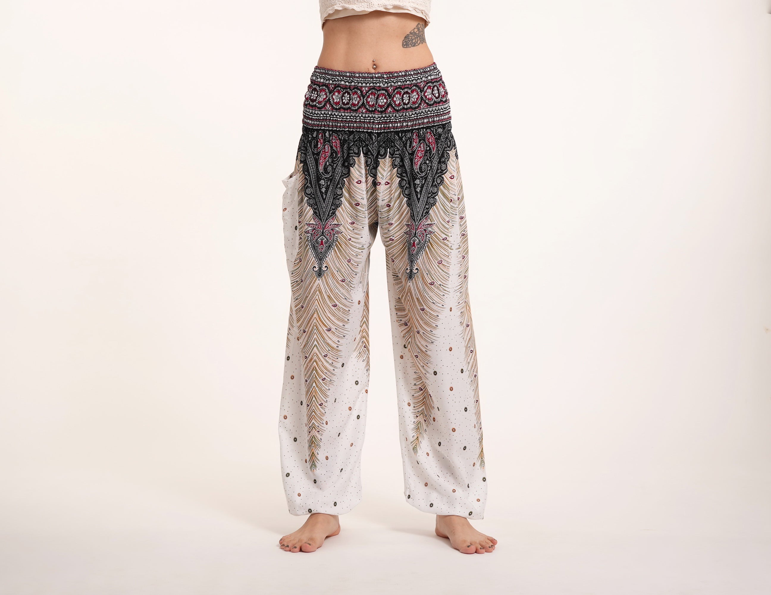 Peacock Feathers Unisex Harem Pants in White