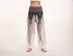 Peacock Feathers Unisex Harem Pants in White